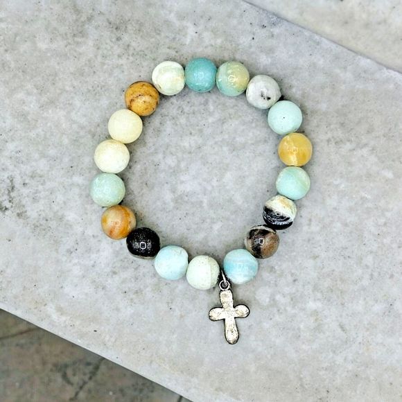 Amazonite Cross Bracelet Natural Stone Silver Tone Religious Spiritual Jewelry - Picture 6 of 6